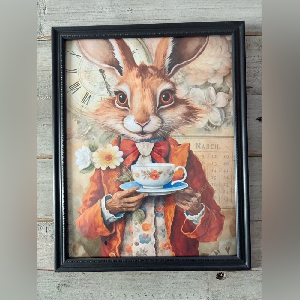 Whimsical Rabbit and His Tea Framed 8x10 Art